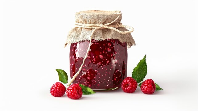 A jar of homemade Raspberry jam isolated on white background. Vegetables isolated on white. Photo realistic photo.