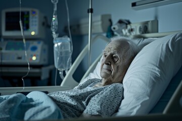 Obraz premium A senior patient is seen resting in a hospital bed with medical equipment around, indicating healthcare monitoring and treatment in a hospital environment.