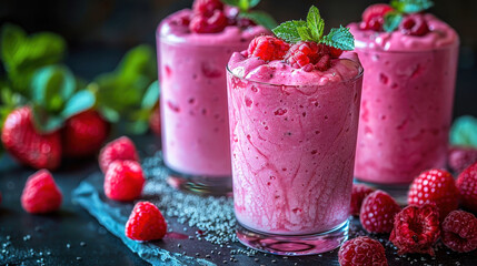 Three delicious raspberry smoothies garnished with fresh raspberries and mint leaves on a dark background.