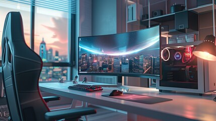 Desktop PC Setup, High End Gaming or Editing Computer with RGB Lights. Modern gaming setup High quality AI generated image