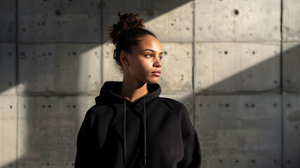 Young Woman in Black Hoodie Against Sunlit Concrete Wall
