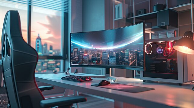 Desktop PC Setup, High End Gaming or Editing Computer with RGB Lights. Modern gaming setup High quality AI generated image