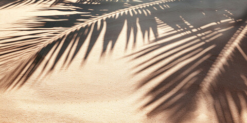 Obraz premium Shadow from palm leaves on golden sand. Hot Summer banner template for advertising cosmetics, tourism, backgrounds and wallpapers.