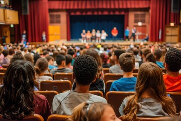 A school assembly with students sitting in rows, listening attentively to a guest speaker on stage.