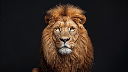 Realistic front view portrait of lion against black background in detailed photo