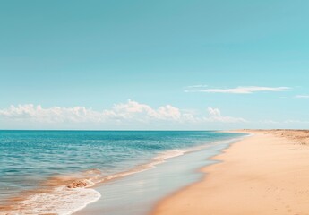 empty sandy beach with a blue sky and ocean in the background