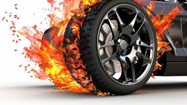 luxury car tire with elegant velg and splash fire isolated on white background. Vehicles isolated on white. Photo realistic photo.