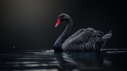 Australian black swan gracefully floating on calm water, set against a dark background, showcasing its striking black plumage and vibrant red bill, creating a dramatic and elegant scene