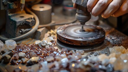
Close-up of a workbench with various tools and raw gemstones, an operator's hands using a grinding machine