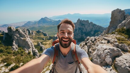 Young hiker man taking vertical selfie portrait on the top of mountain, happy guy smiling at camera