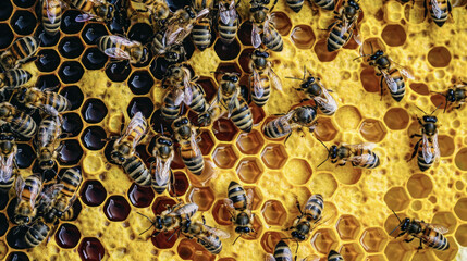 Busy Honeybees on Honeycomb