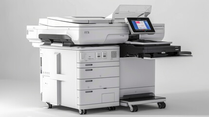 High-tech multifunction office printer and copier with touch screen, designed for efficient printing, scanning, and copying tasks.