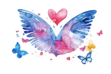 Colorful watercolor painting of heart with wings and butterflies. Vibrant art symbolizing love, freedom, and creativity.