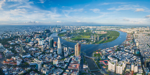 Aerial panorama skyline view of Ho Chi Minh city, Saigon during beautiful day. Metropolis...