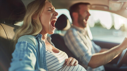 Pregnant woman is experiencing labor pains in the car while her husband rushes to the hospital