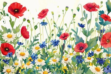 Fototapeta premium Vibrant watercolor illustration of wildflower frame with daisies and poppies and various green leaves and stems