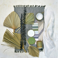 top view of material collage, color palette, mood board for interior design and decor in neutral...