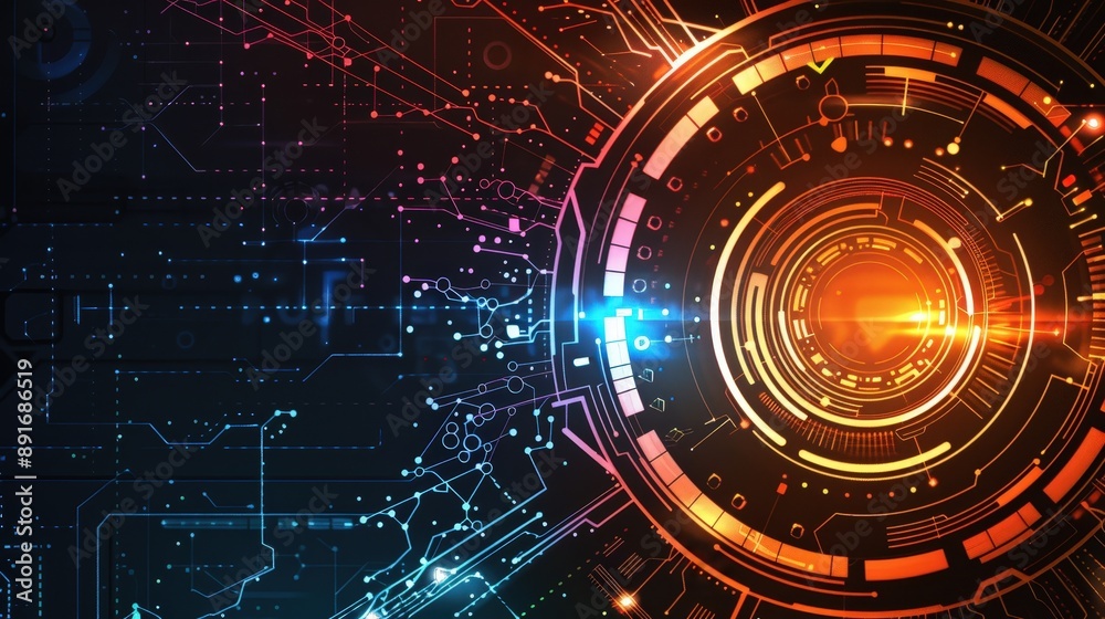 Poster digital background with a large glowing circular element in orange and yellow, emitting bright light