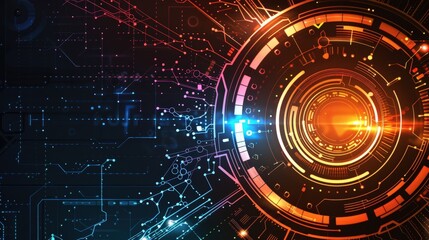 Obraz premium Digital background with a large glowing circular element in orange and yellow, emitting bright light. Black background with blue and red circuitry pattern