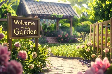 A school garden with a "Welcome to the Garden" sign, blooming flowers, and a tranquil setting