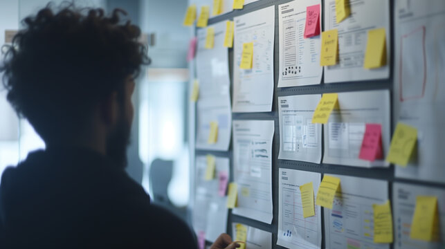 Project manager is adding a sticky note to a user journey map on a pinboard in the office