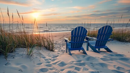 Tranquil sunset scene  pair of blue adirondack chairs on sandy beach overlooking ocean
