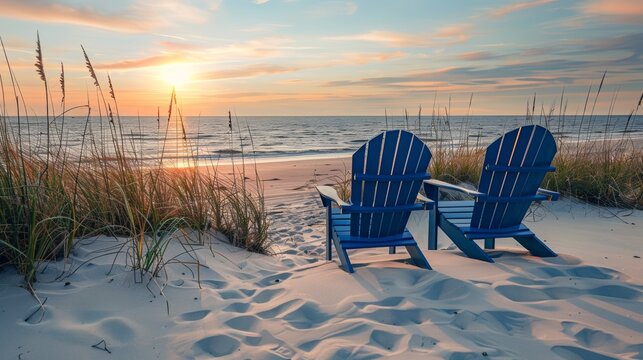 Tranquil sunset scene  pair of blue adirondack chairs on sandy beach overlooking ocean - Powered by Adobe