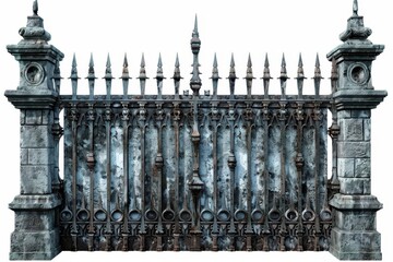 Ornate wrought iron gate with stone pillars, featuring intricate patterns and gothic style design, suitable for architecture and historical imagery.