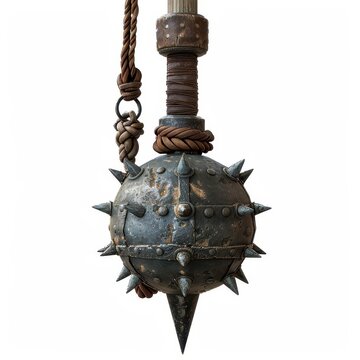 Medieval spiked mace flail weapon with chain and wooden handle isolated on white background for historical or fantasy setting.
