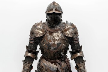 Fototapeta premium Front view of a medieval knight in full armor, ready for battle. Historic and detailed craftsmanship showcased in this photograph.