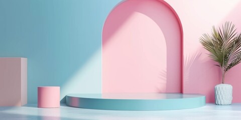 Elegant Pastel Pink and Blue Cosmetic Packaging on Soft Background. Refined Beauty Product Mockups for Skincare, Perfume, or Makeup Industry. 4K High-Resolution Wallpaper for Store Shelves Display. AI