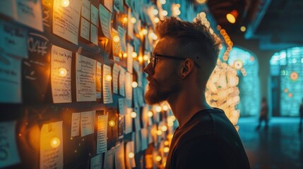 Fototapeta premium Man reading notes on a wall adorned with warm lights in a cozy, creative space, capturing a moment of inspiration and reflection in soft focus.