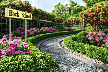 A school garden with blooming flowers, a "Back to School" sign, and neatly trimmed bushes