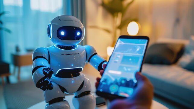 A white AI robot assistant stands in a modern living room, holding a smartphone in its right hand. The robot appears to be assisting a person off-screen with their daily tasks