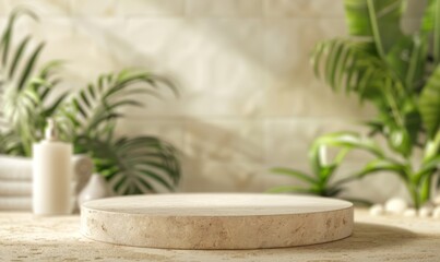 Sustainable Bathroom Scene with Blurred Interior on Travertine Circular Podium. Spa and Beauty Product Display Stage for Cosmetics Promotion. Eco-friendly 4K Wallpaper with Plants and Towels. AI-Gener