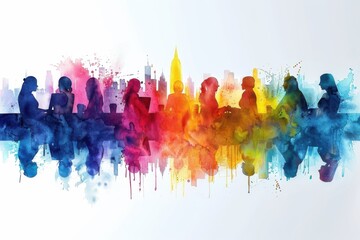 People around a table with laptops and coffee cups