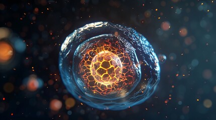 Glowing orange sphere inside a blue cell against a dark background