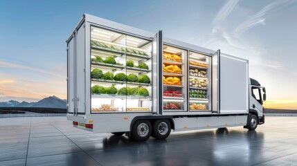 A large white truck is filled with fresh produce, including vegetables