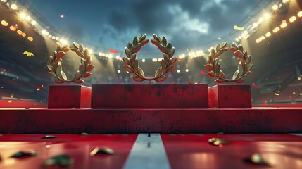 Victory Podiums with Laurel Wreaths in a Stadium. Olympic games background. High quality AI generated image