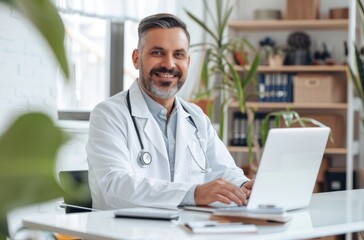 doctor sitting at his desk with a laptop, smiling and wearing a white coat and stethoscope in a medical office
