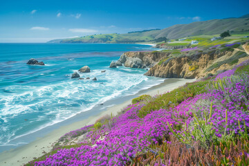 A breathtaking landscape photograph showcasing a vibrant coastal scene with purple flowers, white sandy beaches, and rolling green hills under a clear blue sky