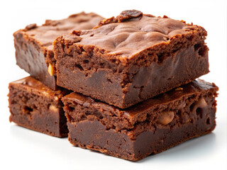Stack of Freshly Baked Brownies with Nuts on White Background