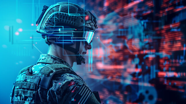 Soldier wearing vr goggles is analyzing data on a futuristic battlefield, showcasing the future of warfare technology