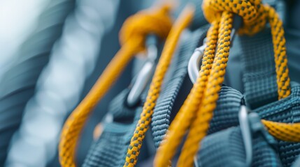 A detailed shot of a miner's safety harness and climbing gear, ready for use, high-resolution photo, realistic photo, cinematography, hyper realistic