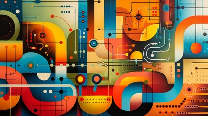 A colorful abstract painting with many different shapes and lines