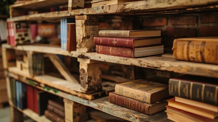 Obraz premium Crafting a Rustic Bookshelf: Transforming Wooden Pallet with Books and Decor Items