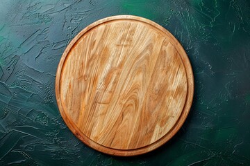 Empty round wooden pizza platter on dark green background, top view