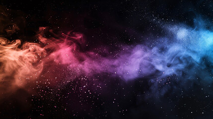 Naklejka premium Colorful smoke fog clouds with shiny dust sparkles of glitter on a black background.