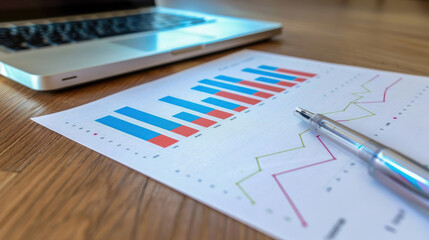 Financial graphs and charts on a wooden desk with a pen and a laptop. Perfect for business presentations, reports, and analytics visuals.