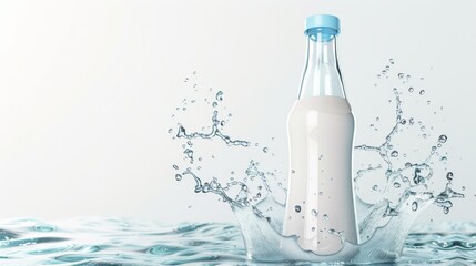 glass milk bottle packaging mockup isolated on white background with water splash. Health products isolated on white. Photo realistic photo.
